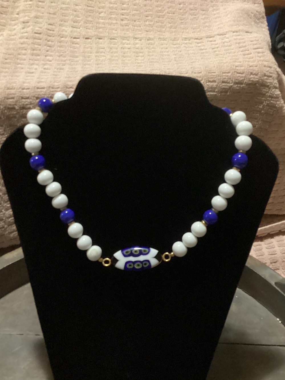 Blue and White glass Beaded Necklace with Center Accent